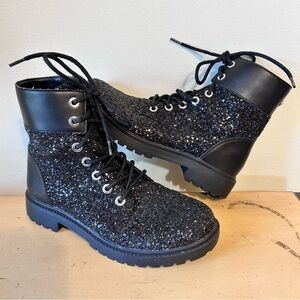 Micheal Kors Alistair Black Chunky Glitter Combat Military Boots